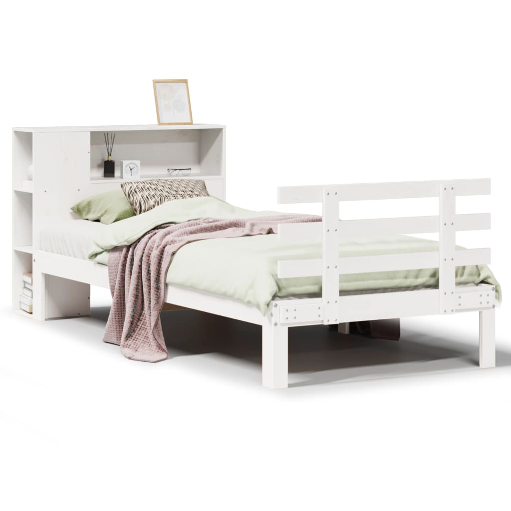 Seng med bokhylle uten madrass hvit 75x190 cm heltre furu