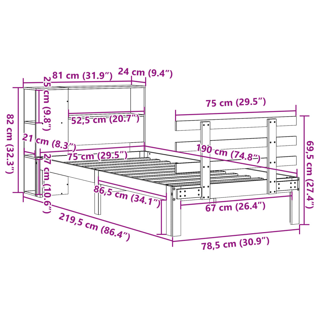 Seng med bokhylle uten madrass hvit 75x190 cm heltre furu