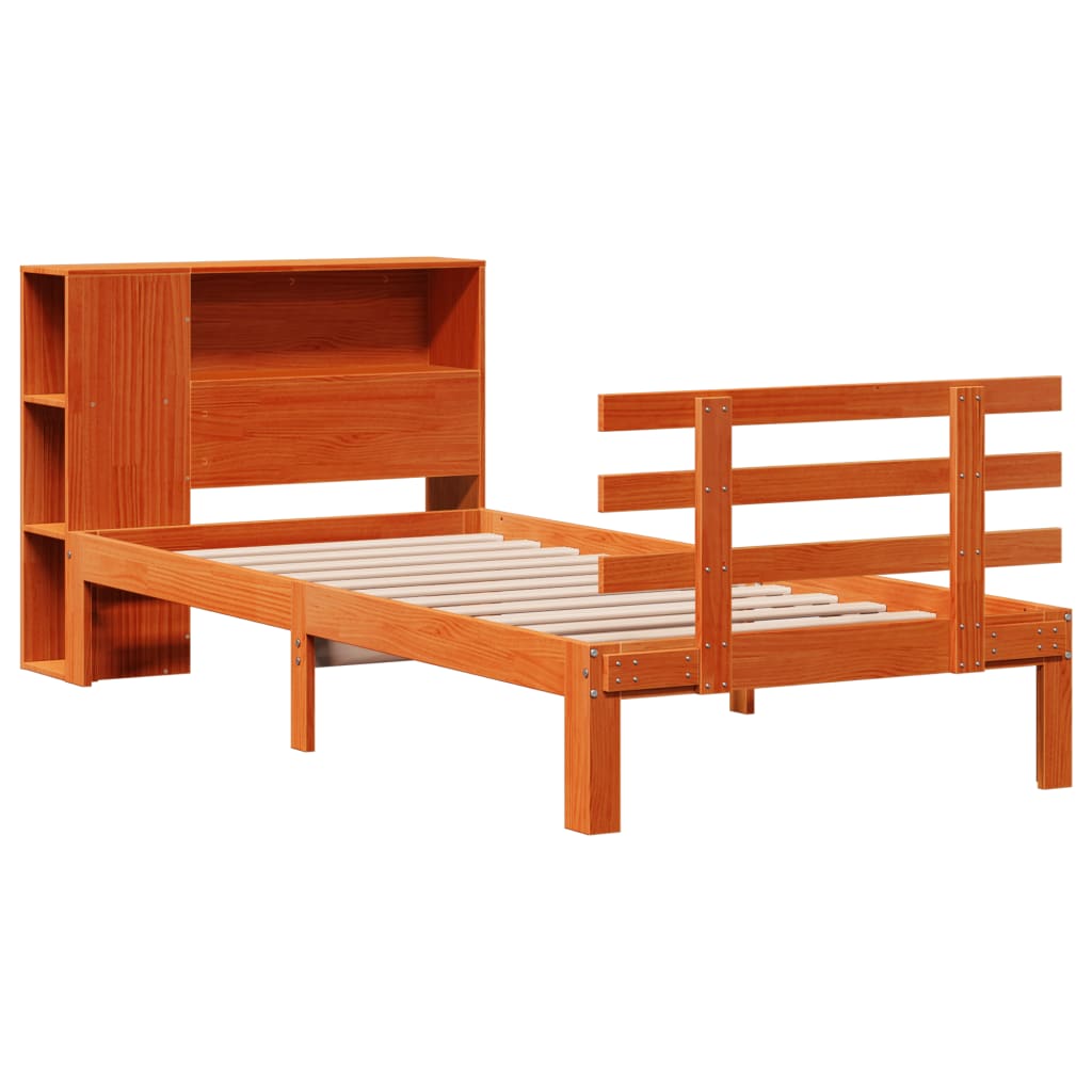 Seng med bokhylle uten madrass voksbrun 100x200 cm heltre furu