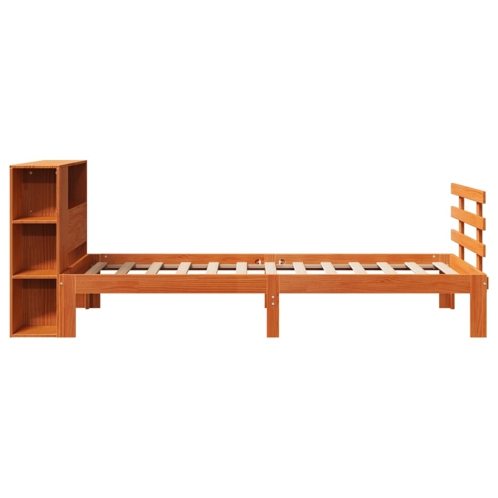 Seng med bokhylle uten madrass voksbrun 100x200 cm heltre furu