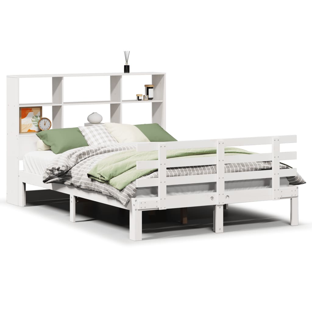 Seng med bokhylle uten madrass hvit 140x200 cm heltre furu