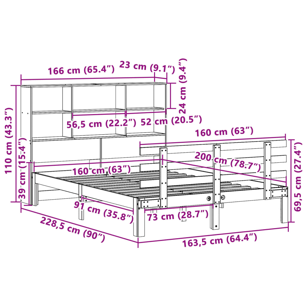 Seng med bokhylle uten madrass hvit 160x200 cm heltre furu