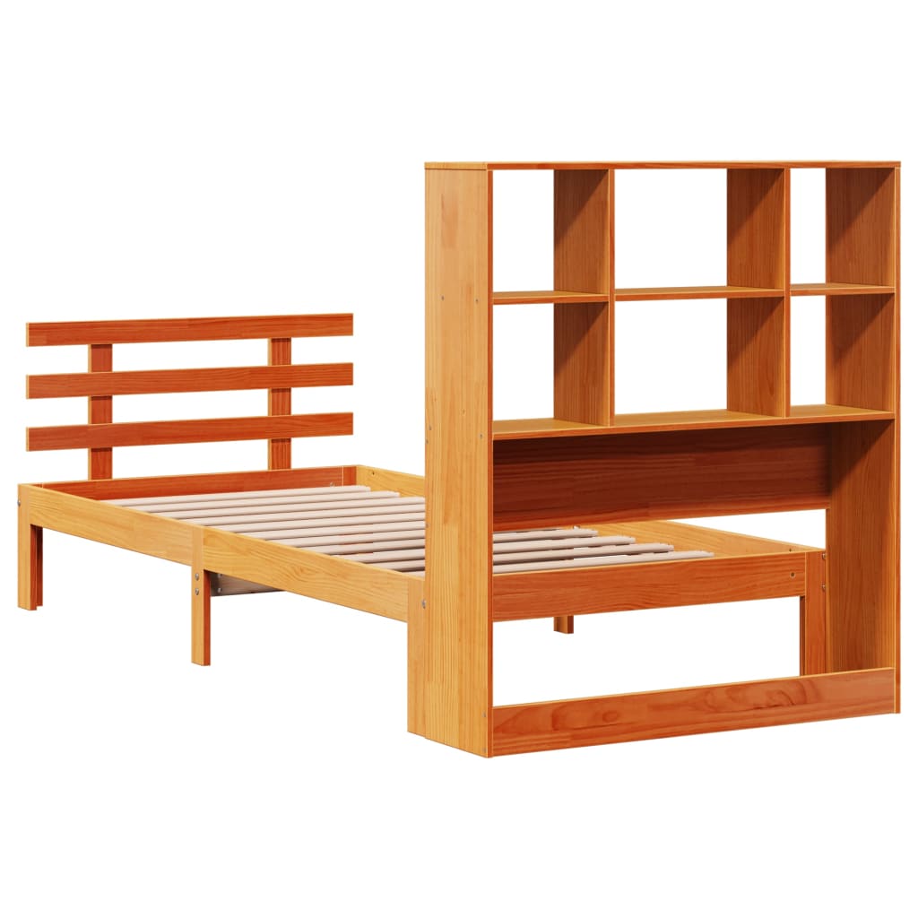 Seng med bokhylle uten madrass voksbrun 75x190 cm heltre furu
