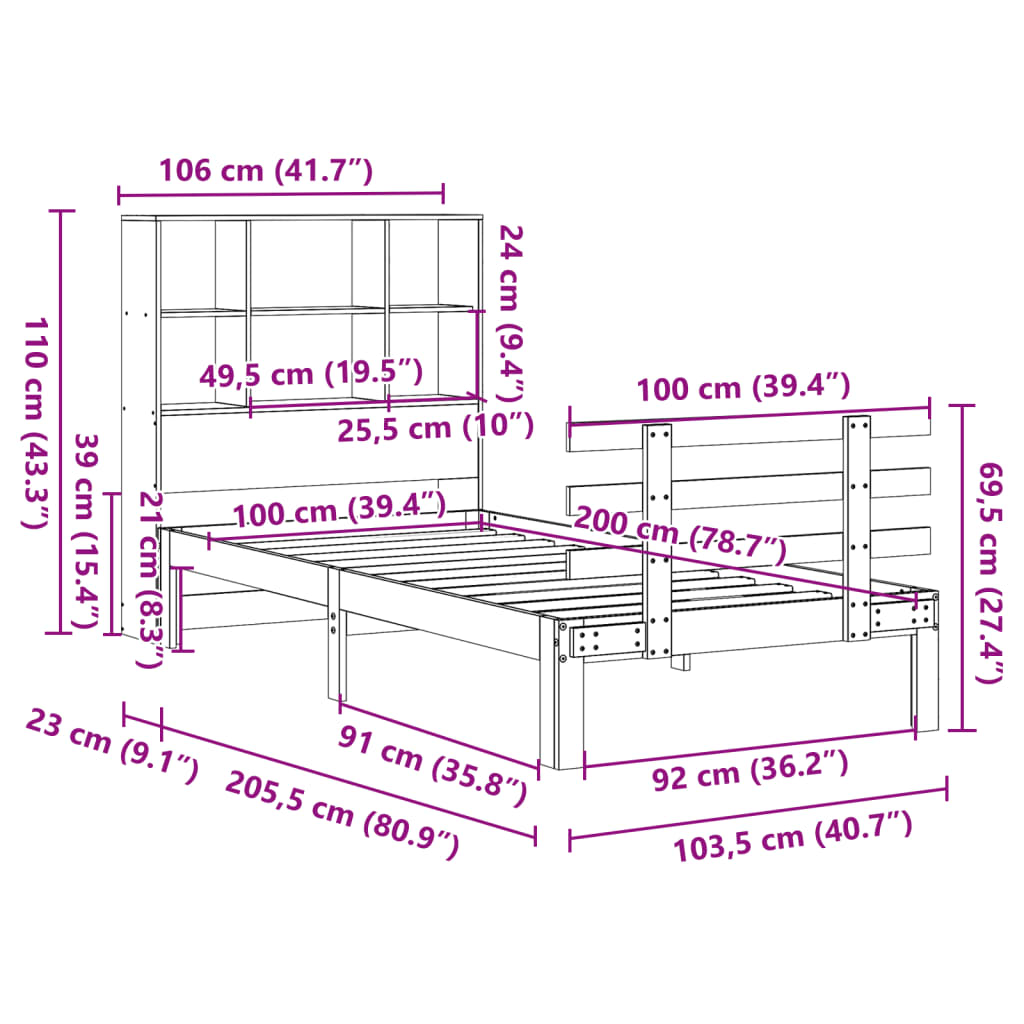 Seng med bokhylle uten madrass voksbrun 100x200 cm heltre furu