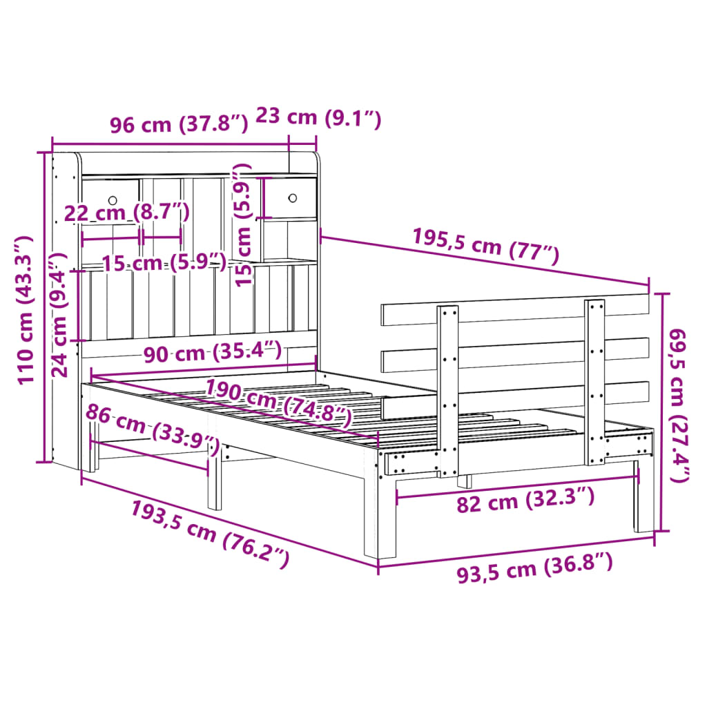 Seng med bokhylle uten madrass hvit 90x190 cm heltre furu