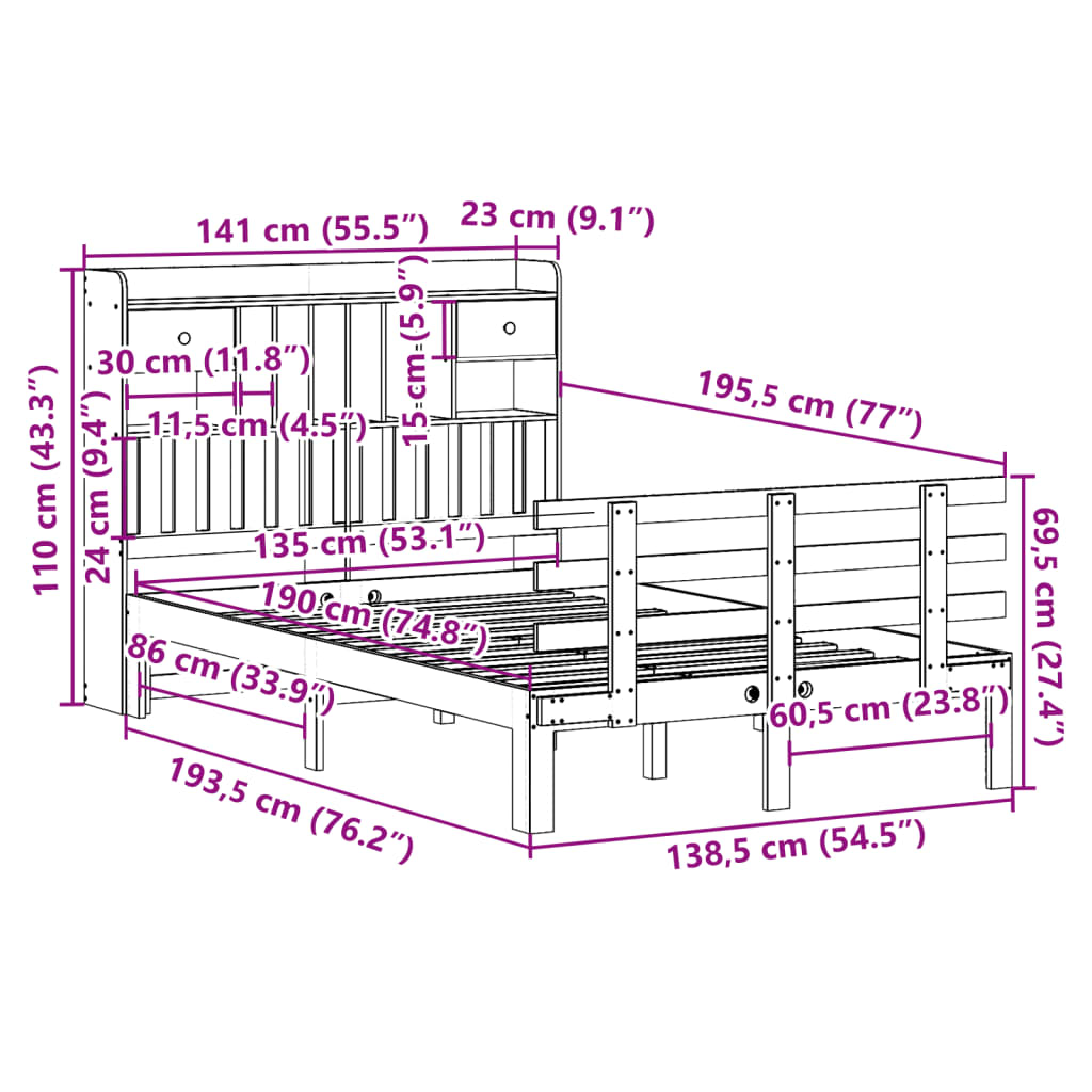 Seng med bokhylle uten madrass 135x190 cm heltre furu