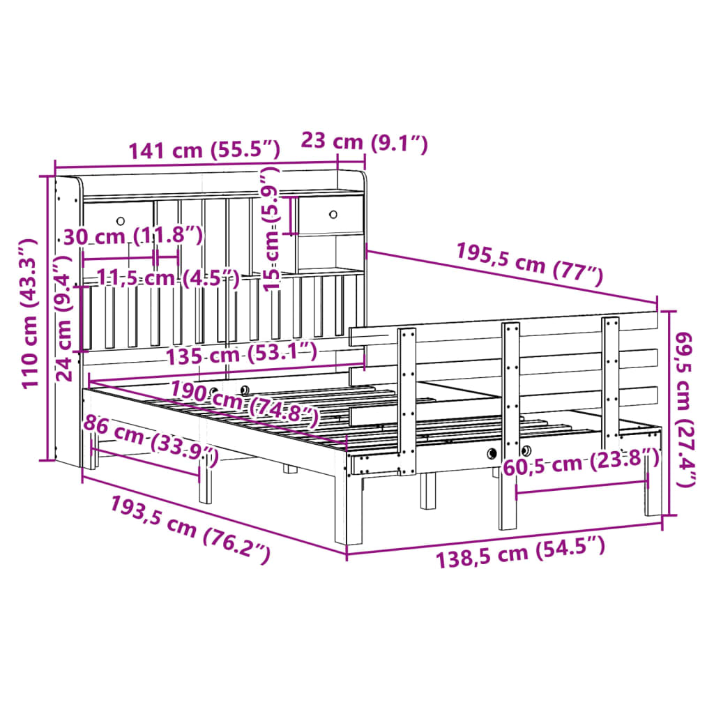 Seng med bokhylle uten madrass hvit 135x190 cm heltre furu