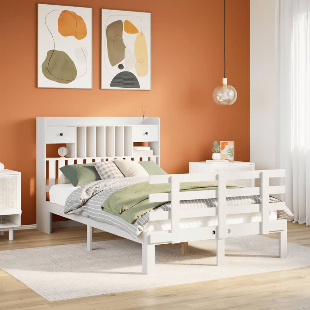 Seng med bokhylle uten madrass hvit 135x190 cm heltre furu