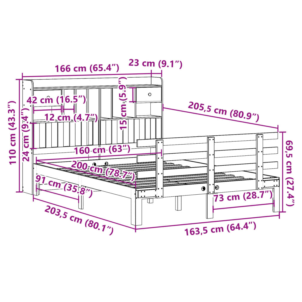 Seng med bokhylle uten madrass hvit 160x200 cm heltre furu