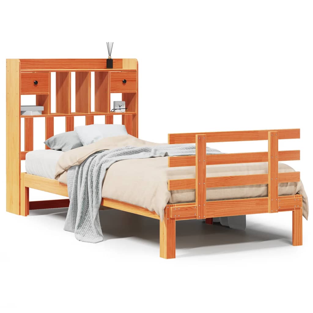 Seng med bokhylle uten madrass voksbrun 75x190 cm heltre furu