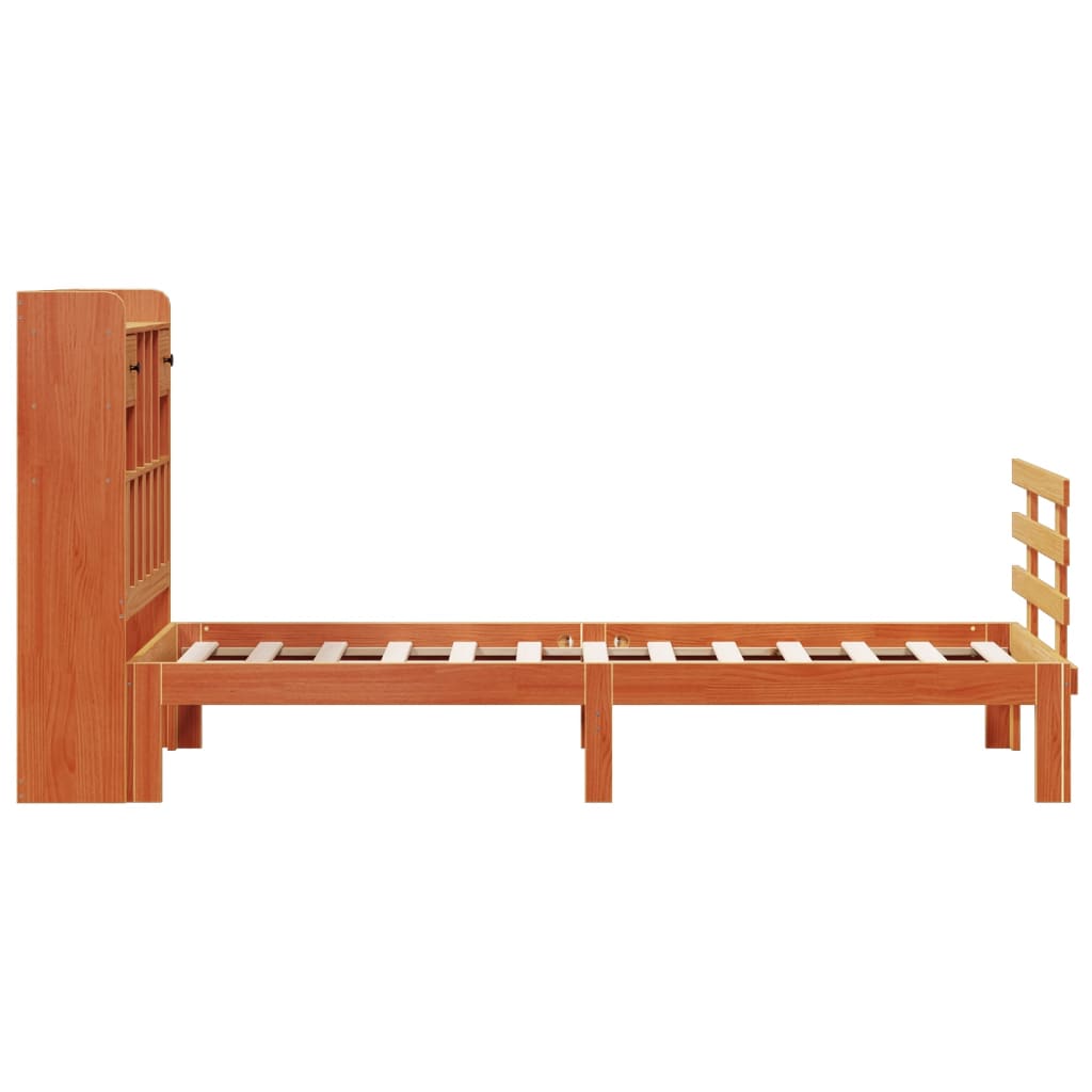 Seng med bokhylle uten madrass voksbrun 75x190 cm heltre furu