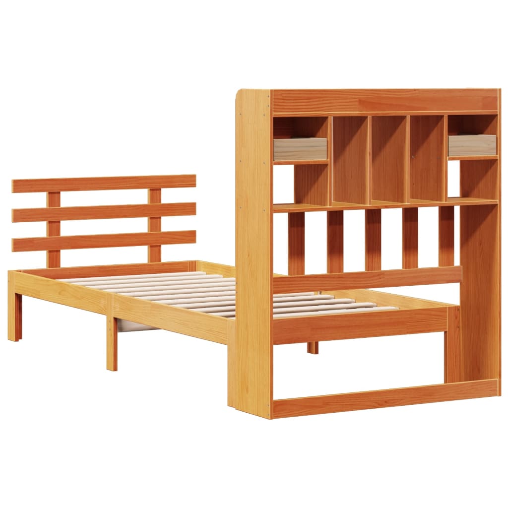 Seng med bokhylle uten madrass voksbrun 75x190 cm heltre furu
