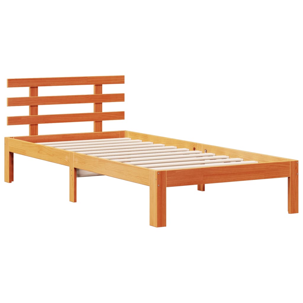 Seng med bokhylle uten madrass voksbrun 75x190 cm heltre furu