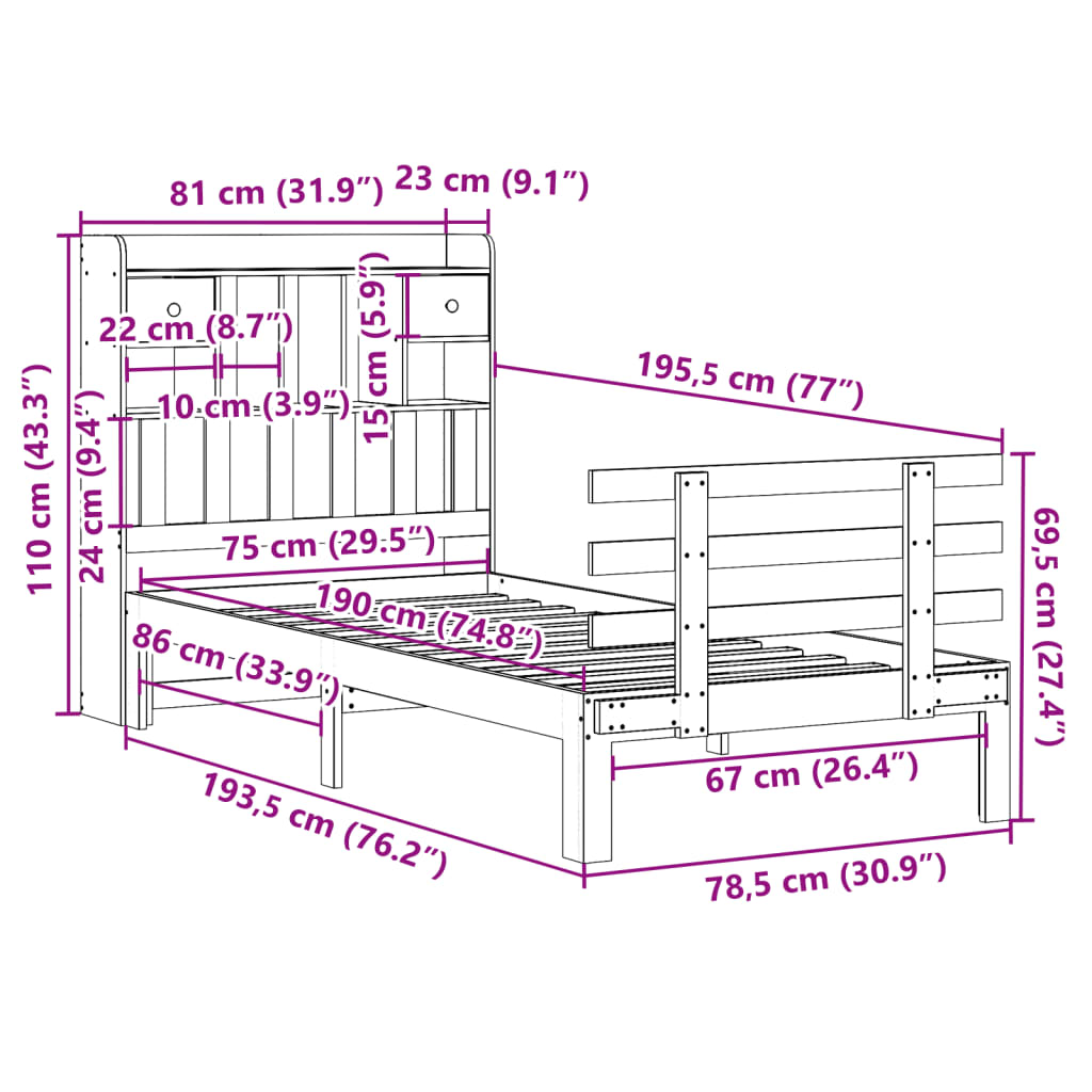 Seng med bokhylle uten madrass voksbrun 75x190 cm heltre furu