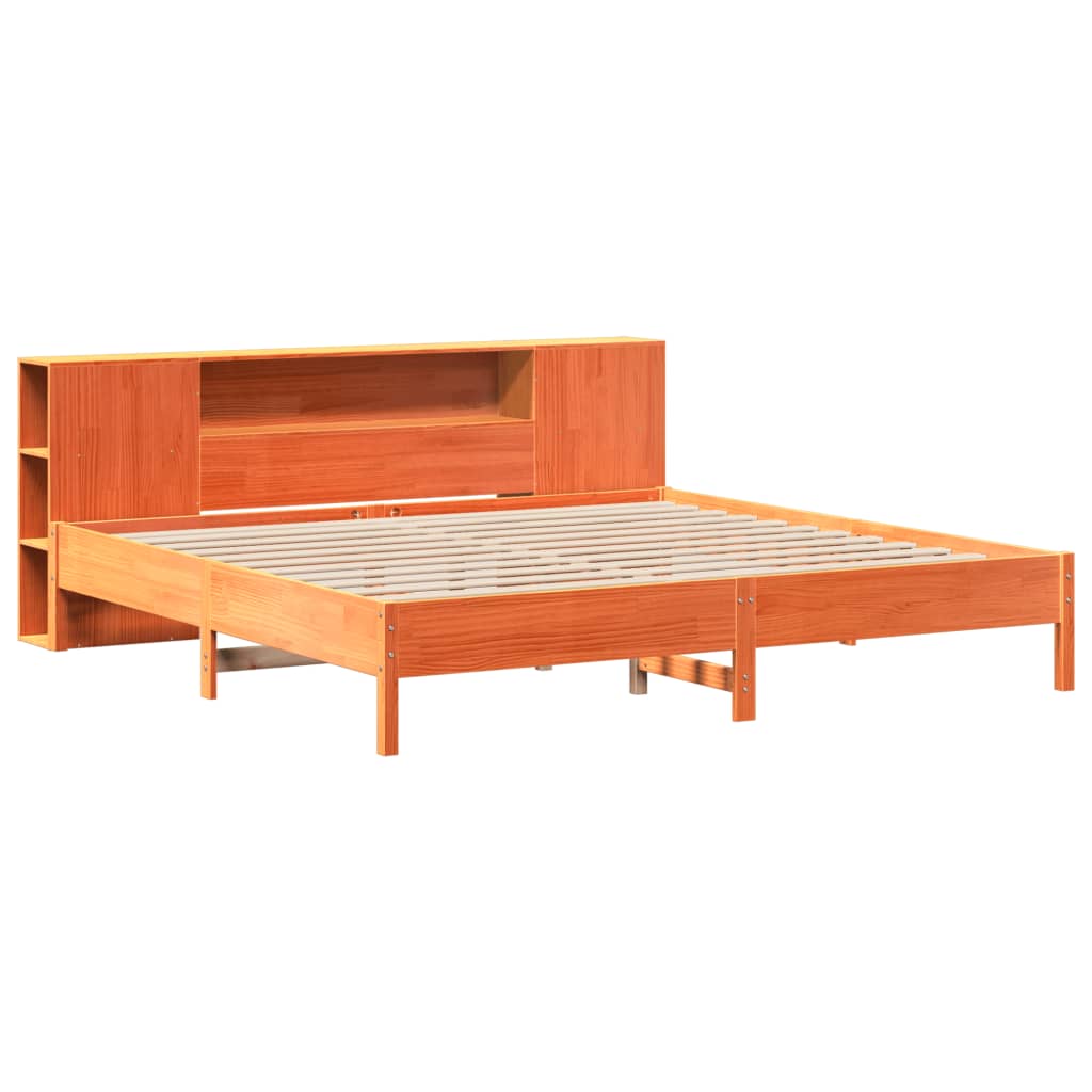 Seng med bokhylle uten madrass voksbrun 200x200 cm heltre furu