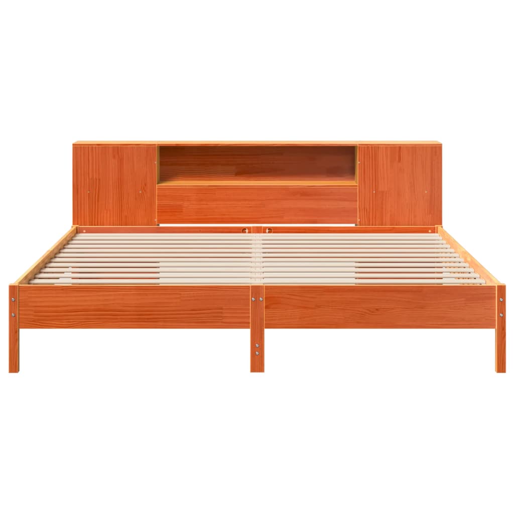 Seng med bokhylle uten madrass voksbrun 200x200 cm heltre furu