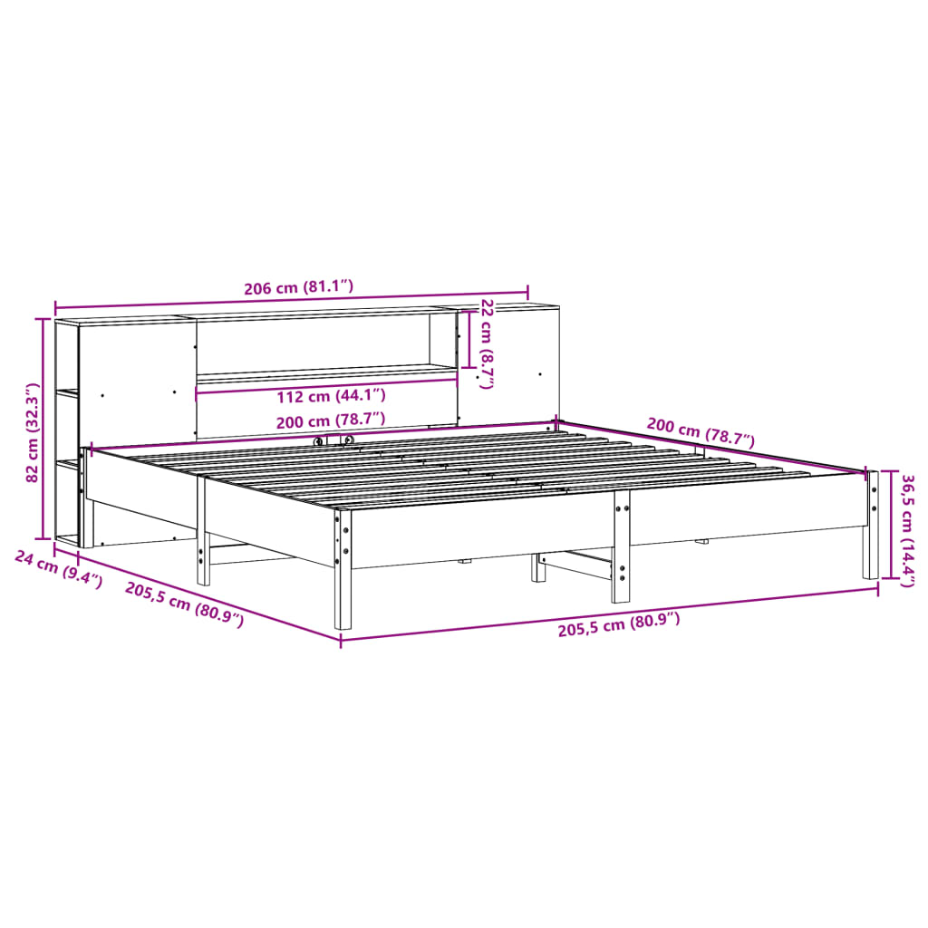 Seng med bokhylle uten madrass voksbrun 200x200 cm heltre furu
