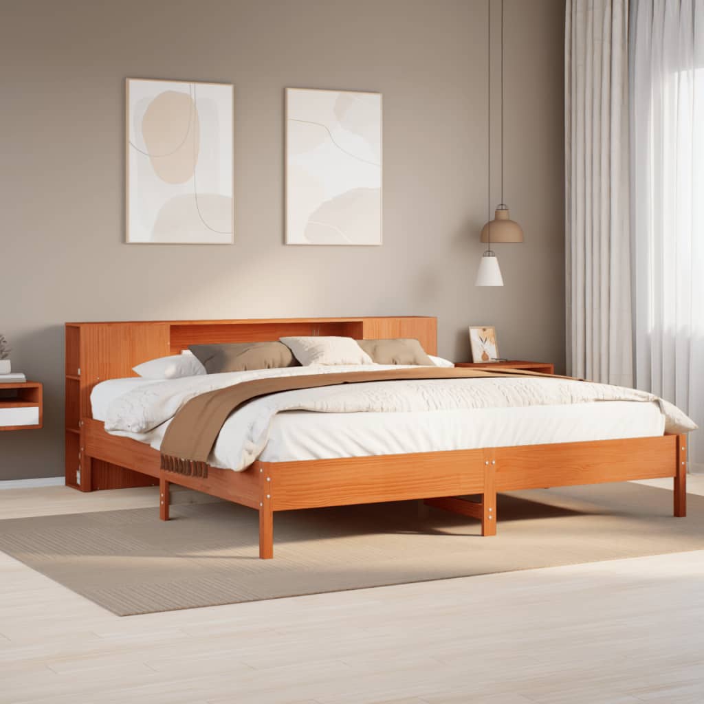 Seng med bokhylle uten madrass voksbrun 200x200 cm heltre furu