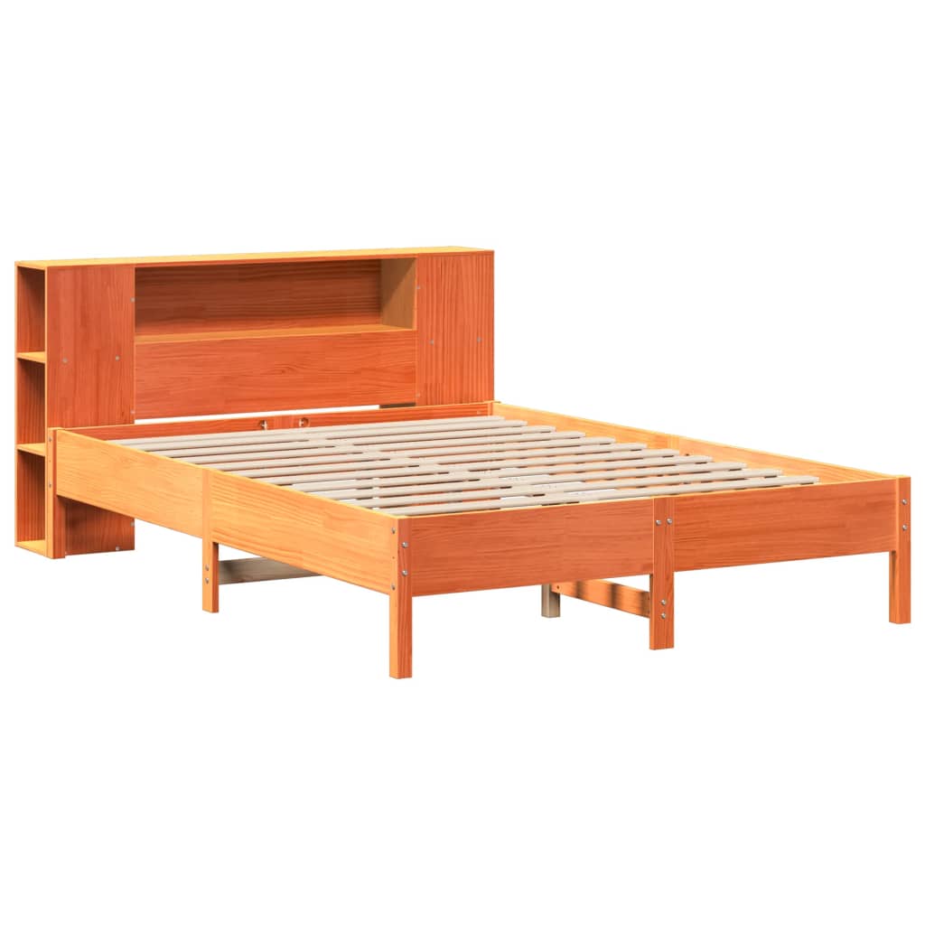 Seng med bokhylle uten madrass voksbrun 160x200 cm heltre furu