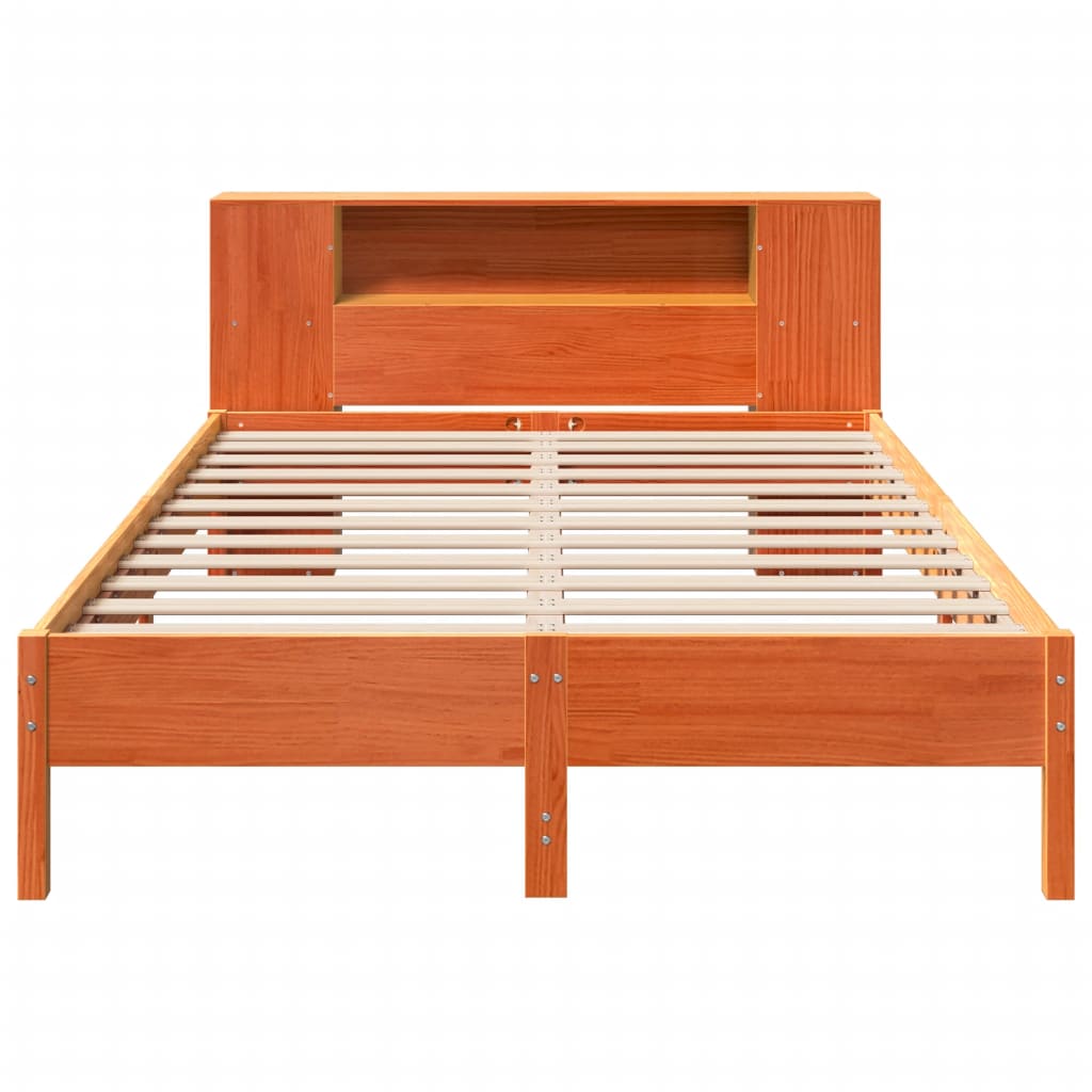 Seng med bokhylle uten madrass voksbrun 160x200 cm heltre furu