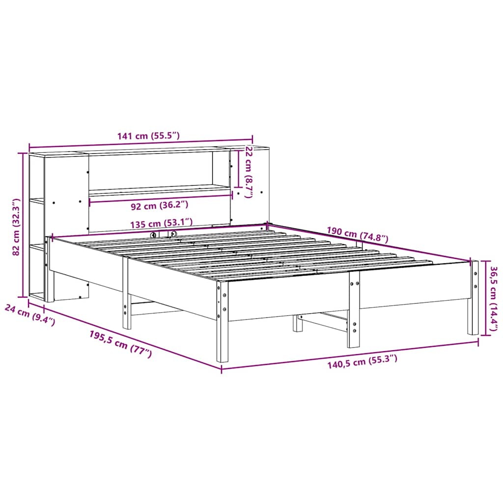 Seng med bokhylle uten madrass hvit 135x190 cm heltre furu