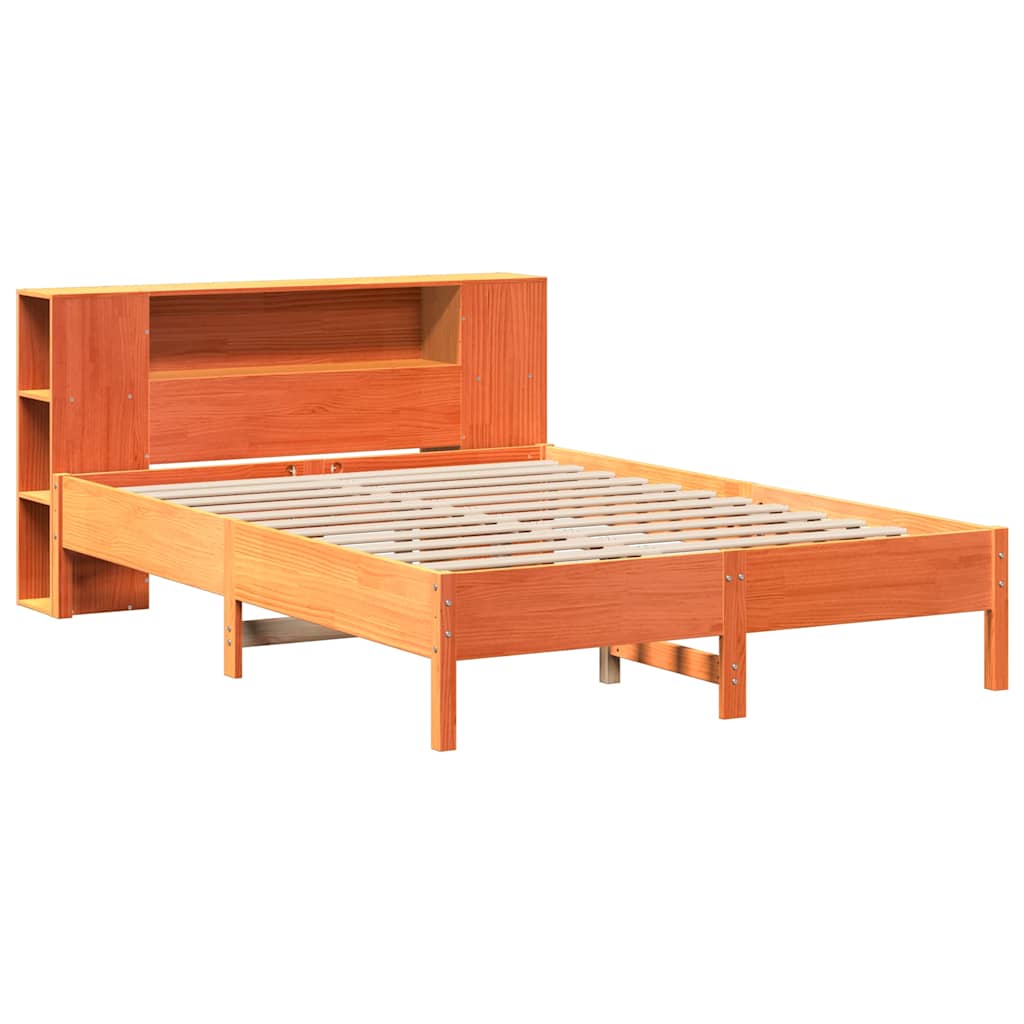Seng med bokhylle uten madrass voksbrun 135x190 cm heltre furu