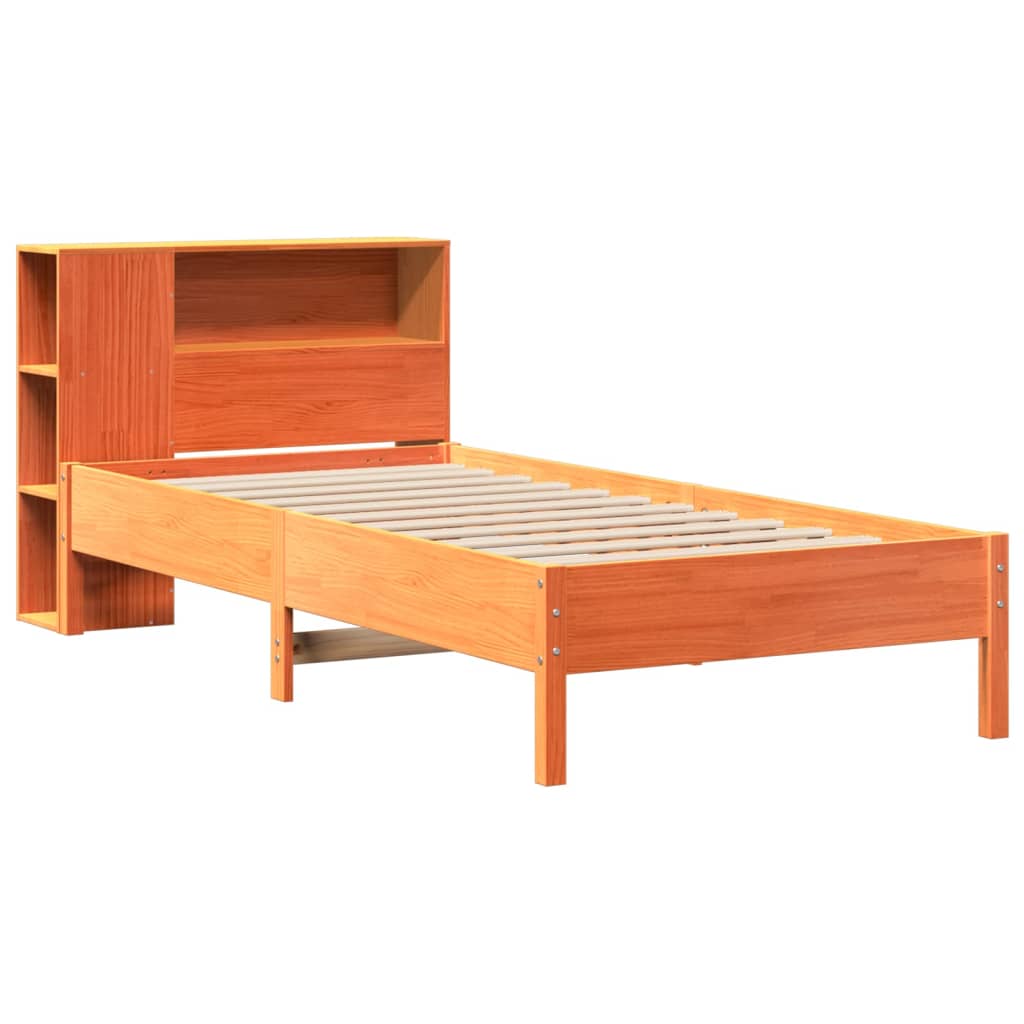 Seng med bokhylle uten madrass voksbrun 100x200 cm heltre furu