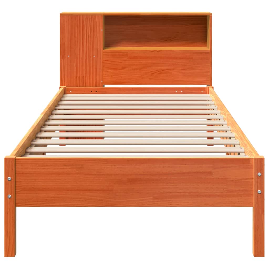 Seng med bokhylle uten madrass voksbrun 100x200 cm heltre furu