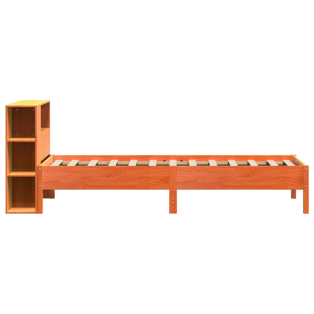 Seng med bokhylle uten madrass voksbrun 100x200 cm heltre furu