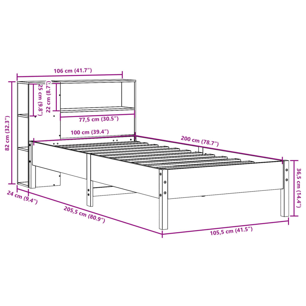 Seng med bokhylle uten madrass voksbrun 100x200 cm heltre furu