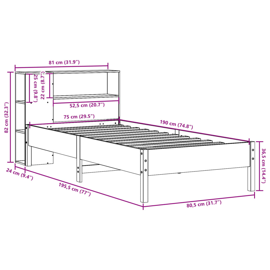 Seng med bokhylle uten madrass hvit 75x190 cm heltre furu