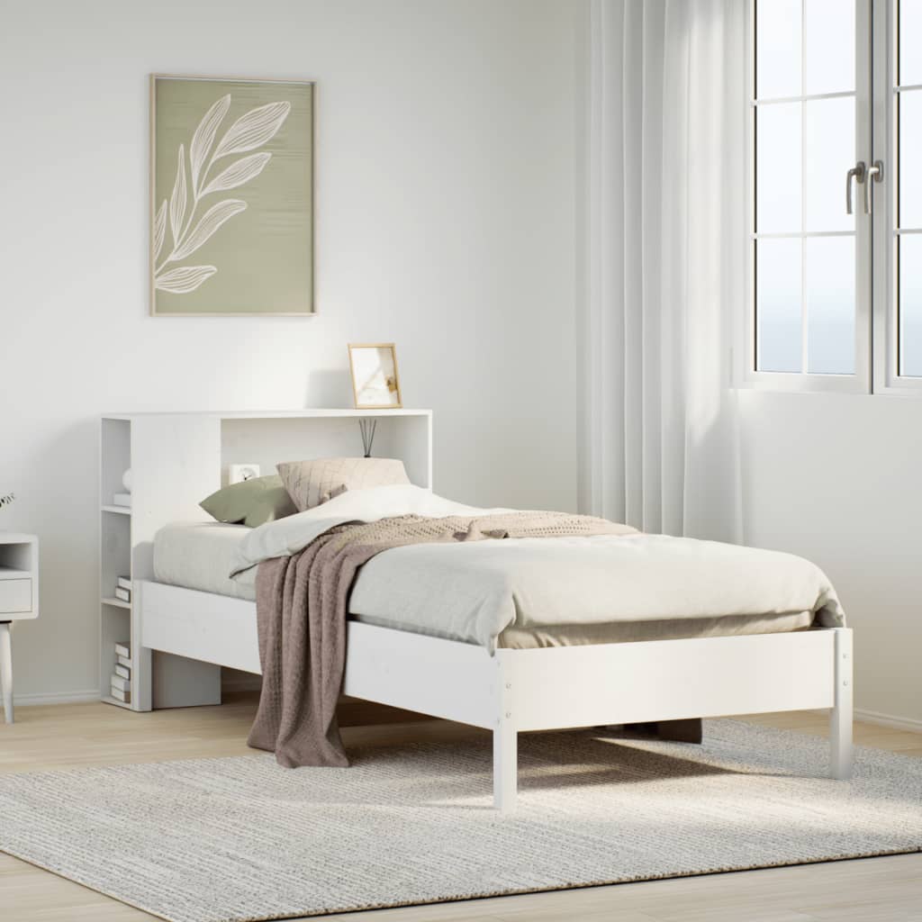 Seng med bokhylle uten madrass hvit 75x190 cm heltre furu