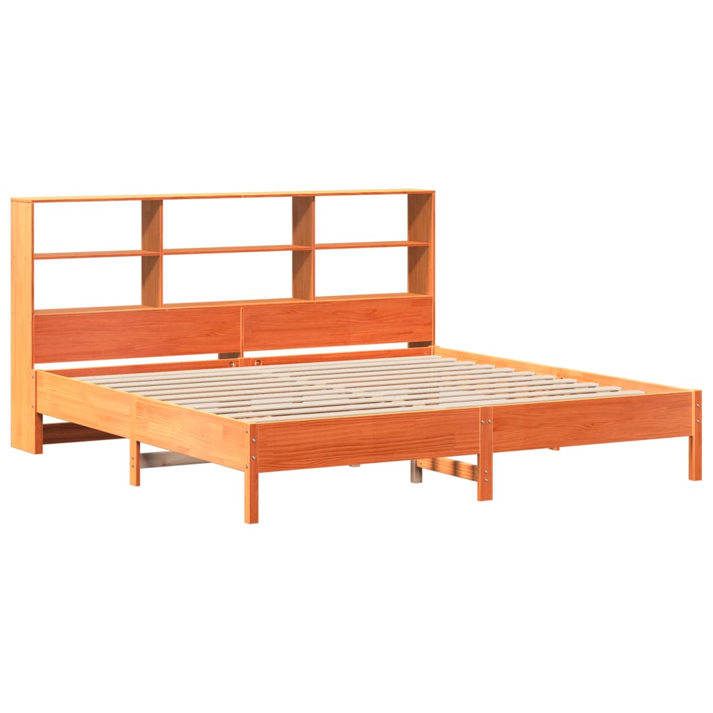 Seng med bokhylle uten madrass voksbrun 200x200 cm heltre furu