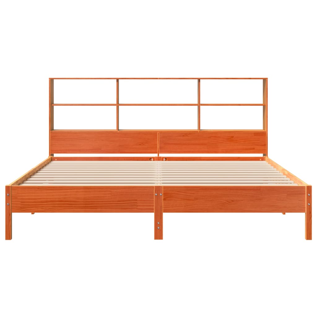 Seng med bokhylle uten madrass voksbrun 200x200 cm heltre furu