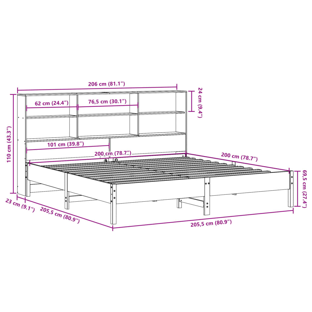 Seng med bokhylle uten madrass voksbrun 200x200 cm heltre furu