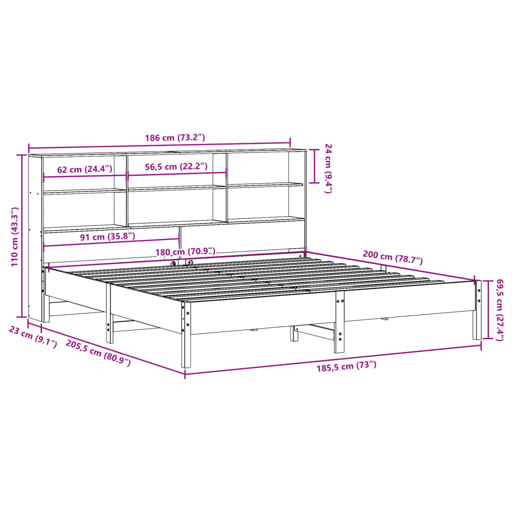 Seng med bokhylle uten madrass hvit 180x200 cm heltre furu
