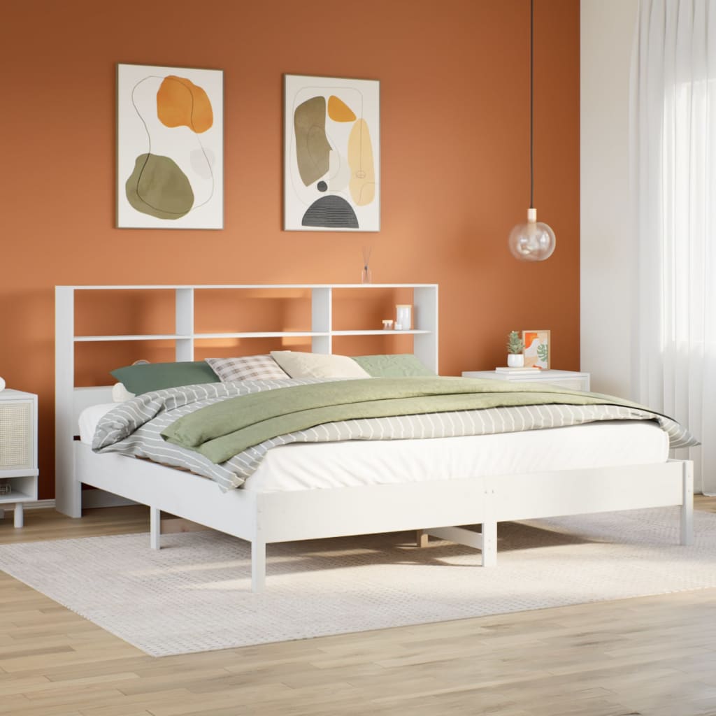 Seng med bokhylle uten madrass hvit 180x200 cm heltre furu