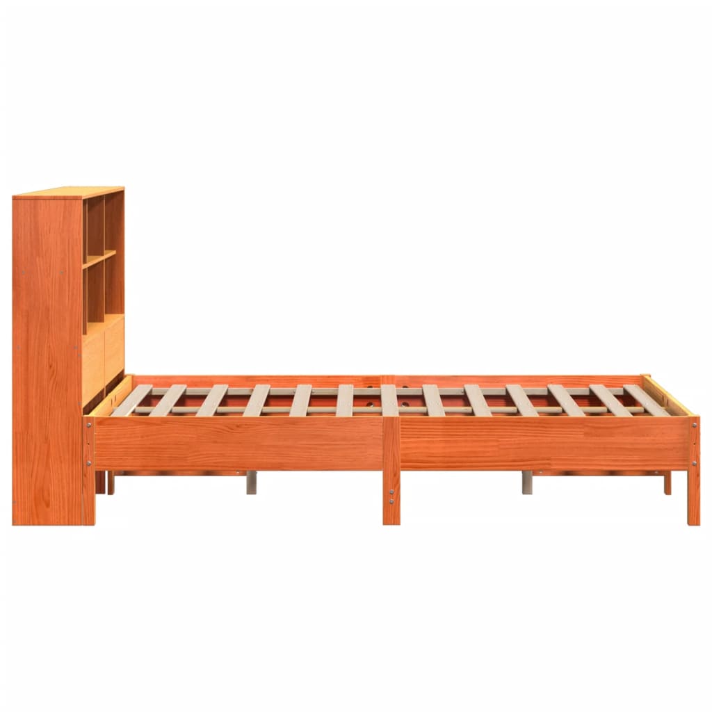 Seng med bokhylle uten madrass voksbrun 160x200 cm heltre furu