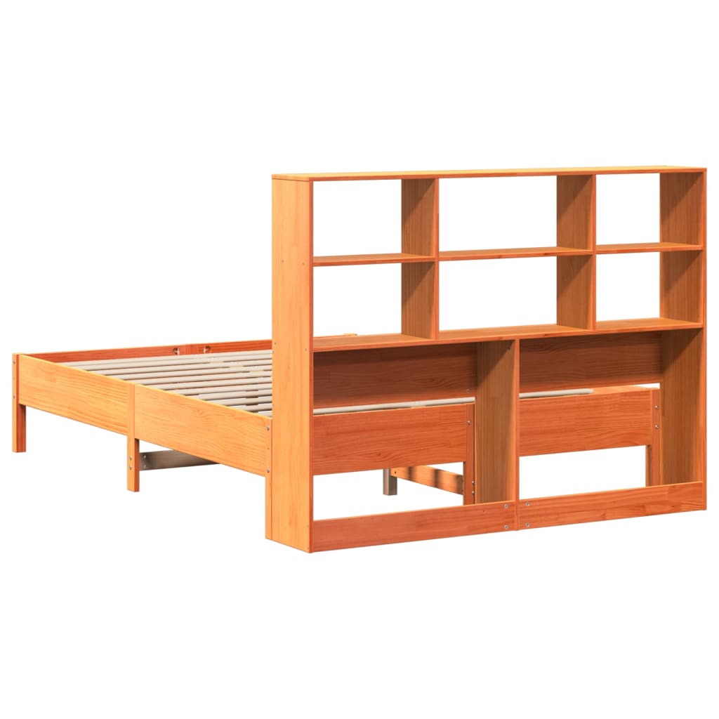 Seng med bokhylle uten madrass voksbrun 160x200 cm heltre furu