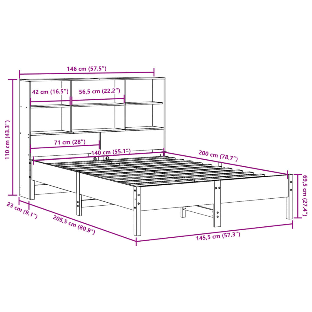 Seng med bokhylle uten madrass voksbrun 140x200 cm heltre furu