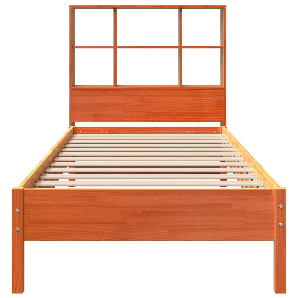 Seng med bokhylle uten madrass voksbrun 100x200 cm heltre furu