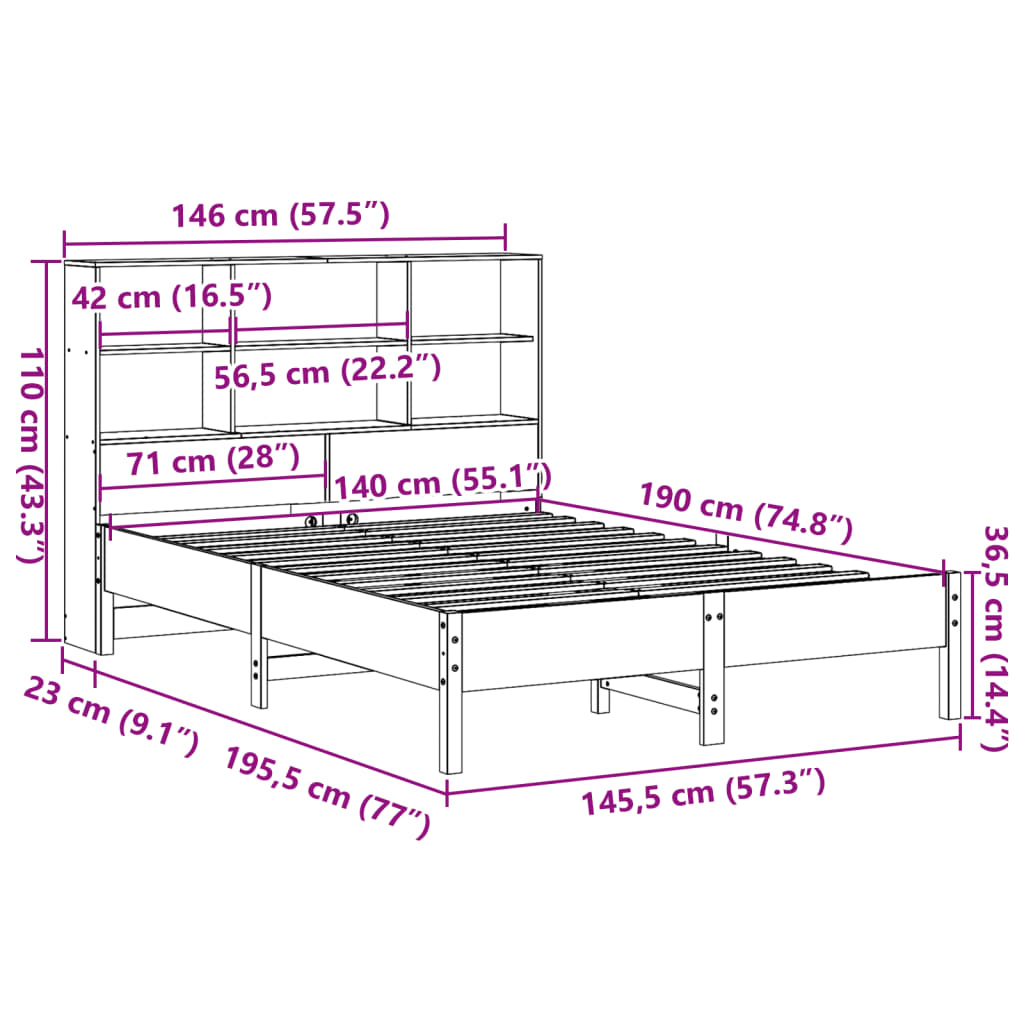 Seng med bokhylle uten madrass voksbrun 140x190 cm heltre furu