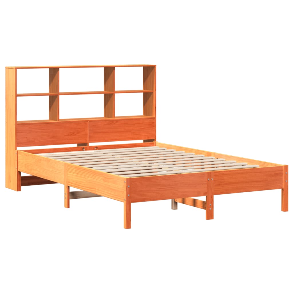 Seng med bokhylle uten madrass voksbrun 135x190 cm heltre furu