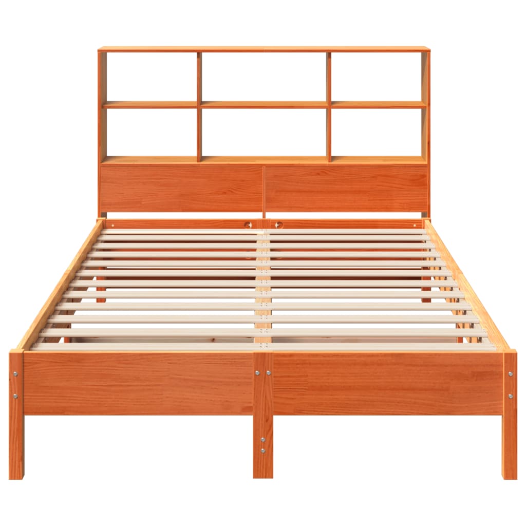 Seng med bokhylle uten madrass voksbrun 135x190 cm heltre furu