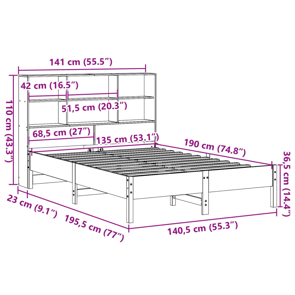 Seng med bokhylle uten madrass voksbrun 135x190 cm heltre furu