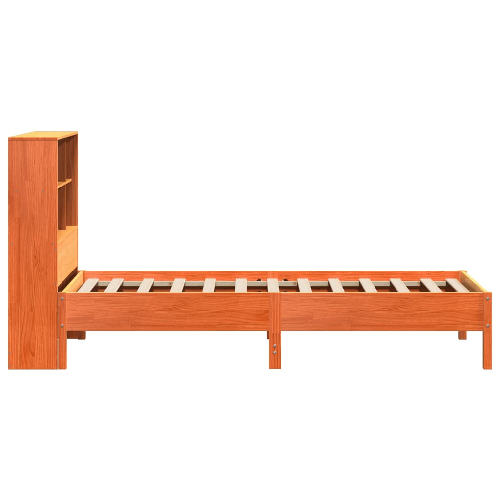 Seng med bokhylle uten madrass voksbrun 75x190 cm heltre furu