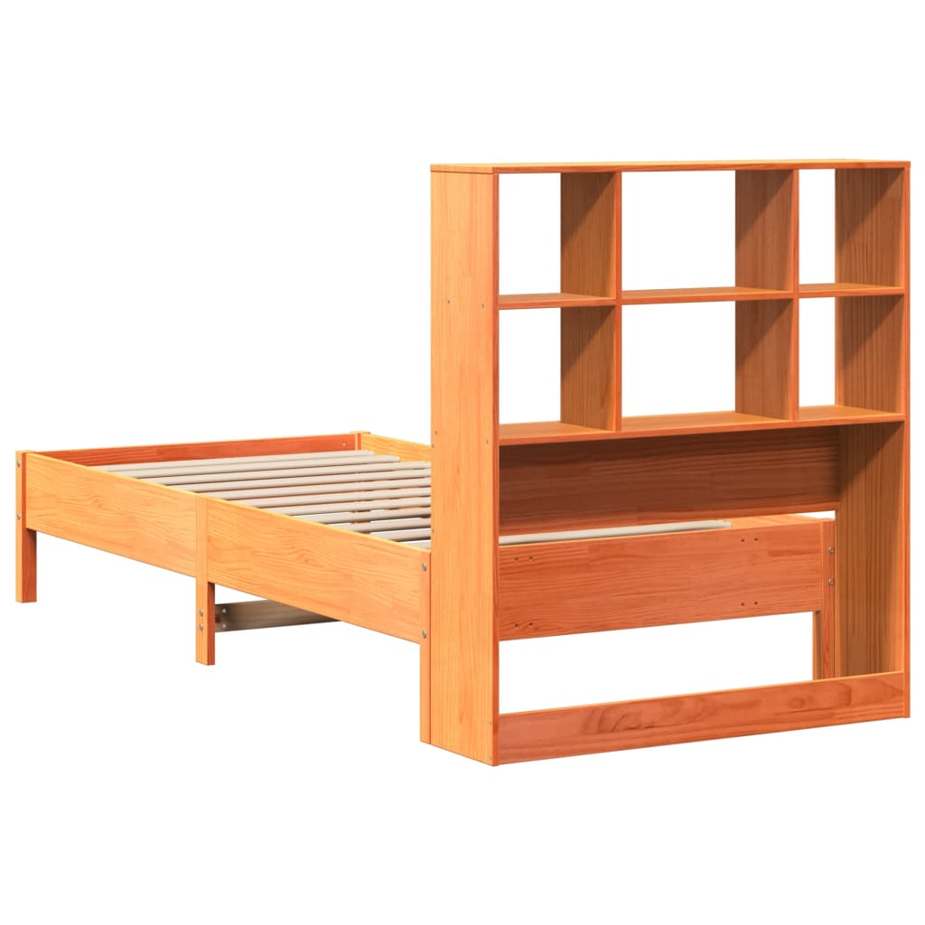 Seng med bokhylle uten madrass voksbrun 75x190 cm heltre furu