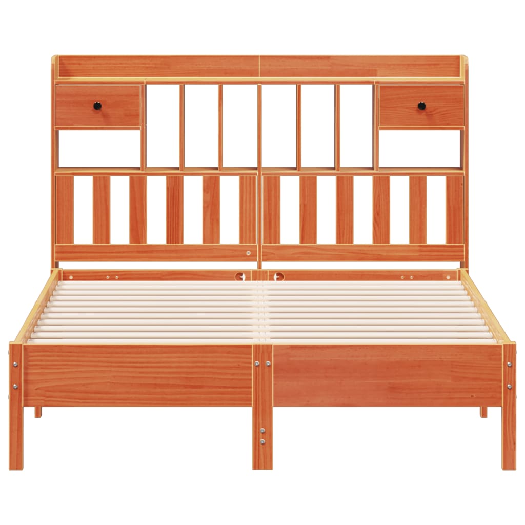 Seng med bokhylle uten madrass voksbrun 160x200 cm heltre furu
