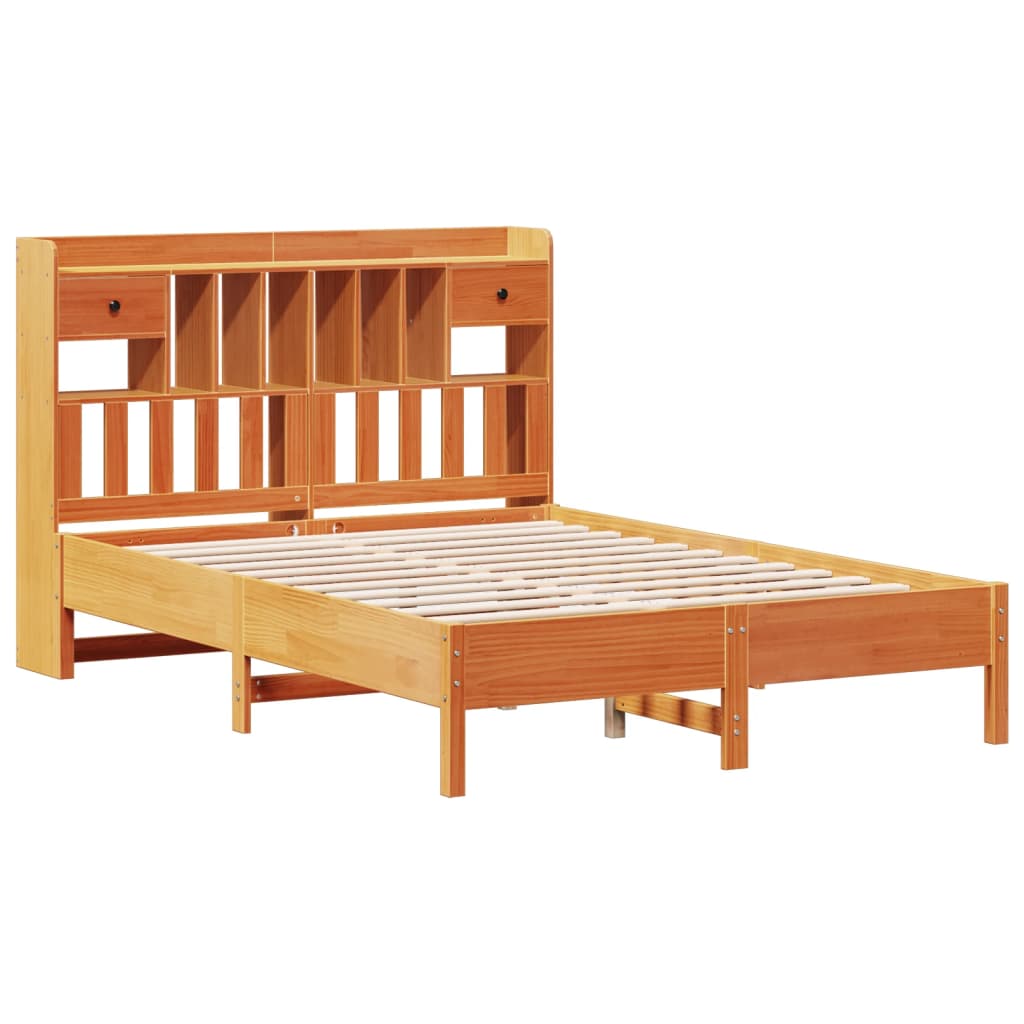 Seng med bokhylle uten madrass voksbrun 140x200 cm heltre furu