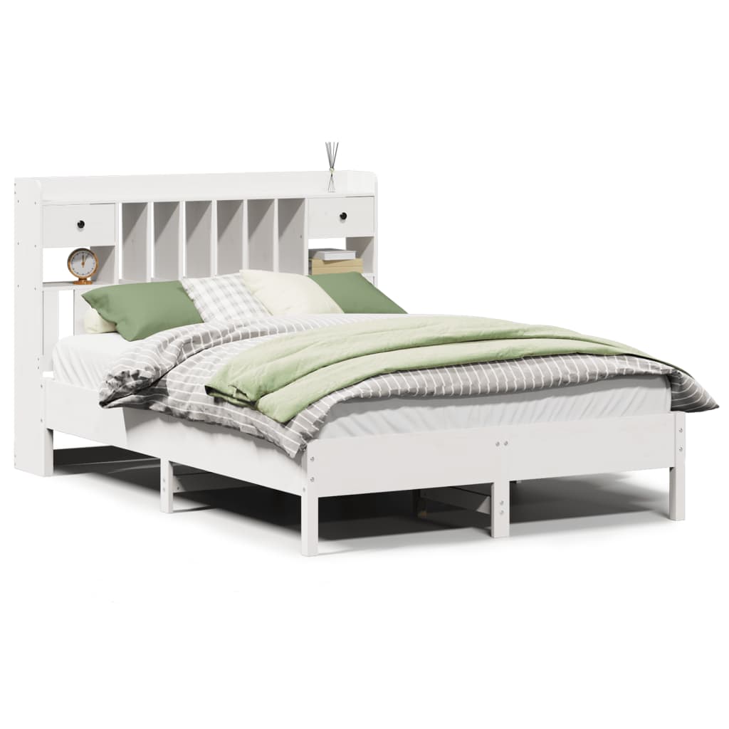 Seng med bokhylle uten madrass hvit 135x190 cm heltre furu
